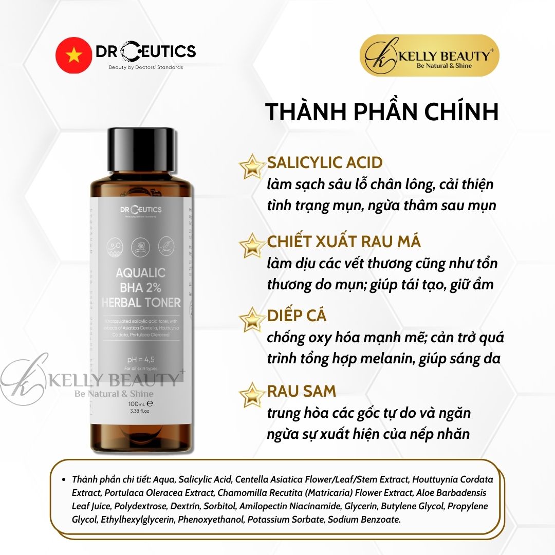 DrCeutics Aqualic BHA 2% Herbal Toner - Giảm Mụn, Ngừa Mụn Tái Phát; Da Sạch Mịn Màng | Kelly Beauty