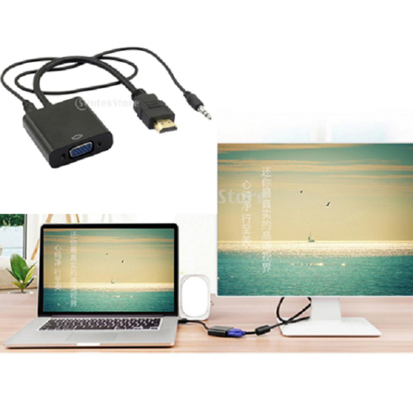 1080p HDMI Male To VGA Female 3.5mm Audio Cable Converter Adapter Black