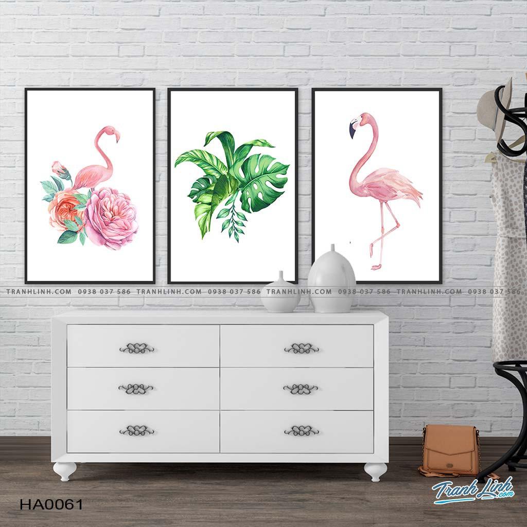 Bộ 3 tranh canvas hồng hạc và hoa lá
