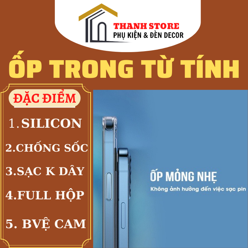 Ốp lưng điện thoại trong suốt hỗ trợ sạc từ tính cho iphone X/xsmax/11/12/13/14/pro/max/14promax
