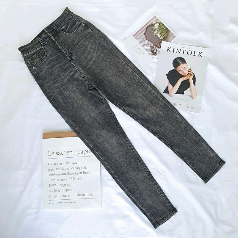 Quần Jeans Nữ Baggy Khói Xước Thêu Túi Cạp Cao