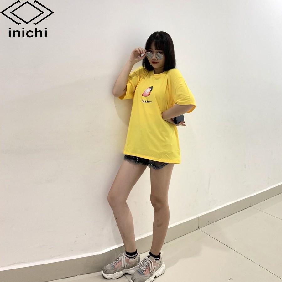 Áo thun unisex INICHI tay lỡ form rộng cá tính in hình quả dâu - IC610 màu vàng