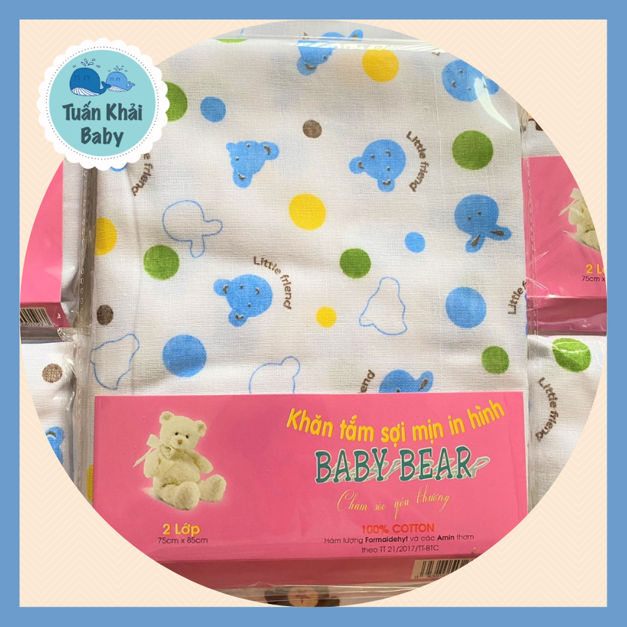 Khăn tắm sơ sinh in hình 2 Lớp sợi mịn Baby Bear túi 1 cái 75x95 cm