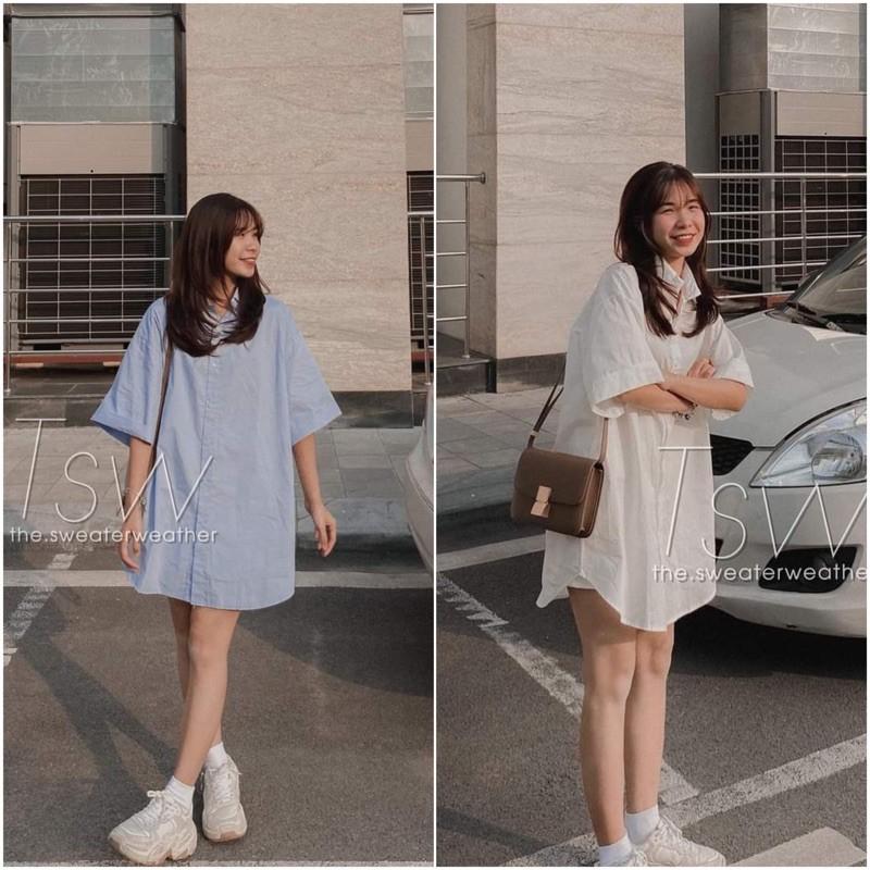 Váy - sơmi cổ đức dáng suông rộng tay lỡ về 2 màu siêu xinh trắng và xanh ️️️