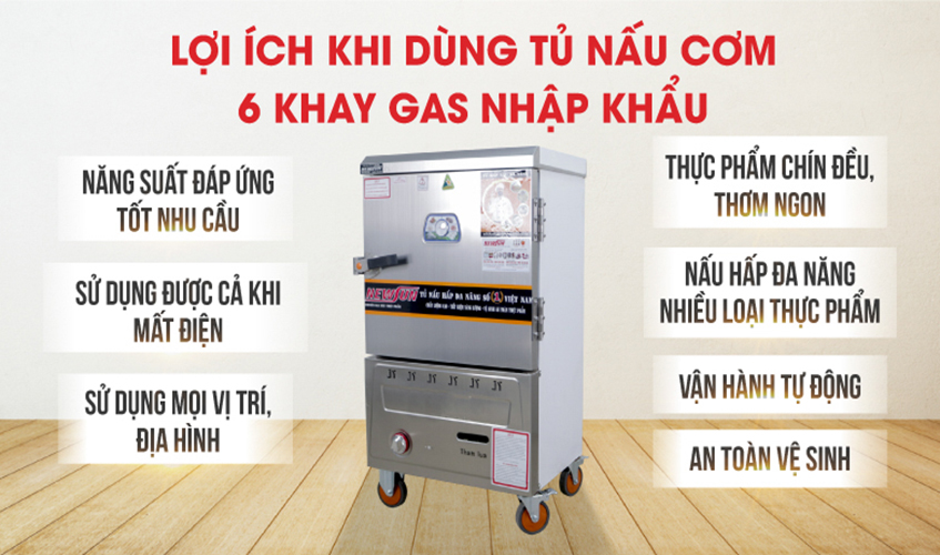 Tủ Nấu Cơm 18 Kg Gạo/ Mẻ Bằng Gas 6 Khay Nhập Khẩu NEWSUN - Hàng Nhập Khẩu