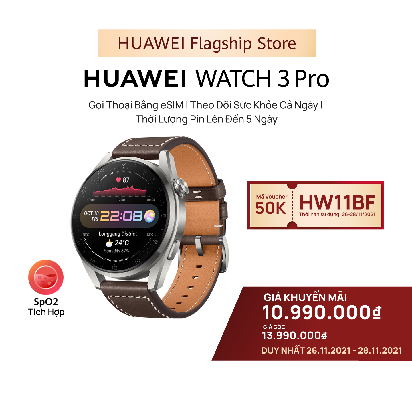 Đồng Hồ Thông Minh HUAWEI WATCH 3 Pro | Gọi Thoại Bằng eSIM | Theo Dõi Sức Khỏe Cả Ngày | Thời Lượng Pin Lên Đến 5 Ngày | Hàng Chính Hãng