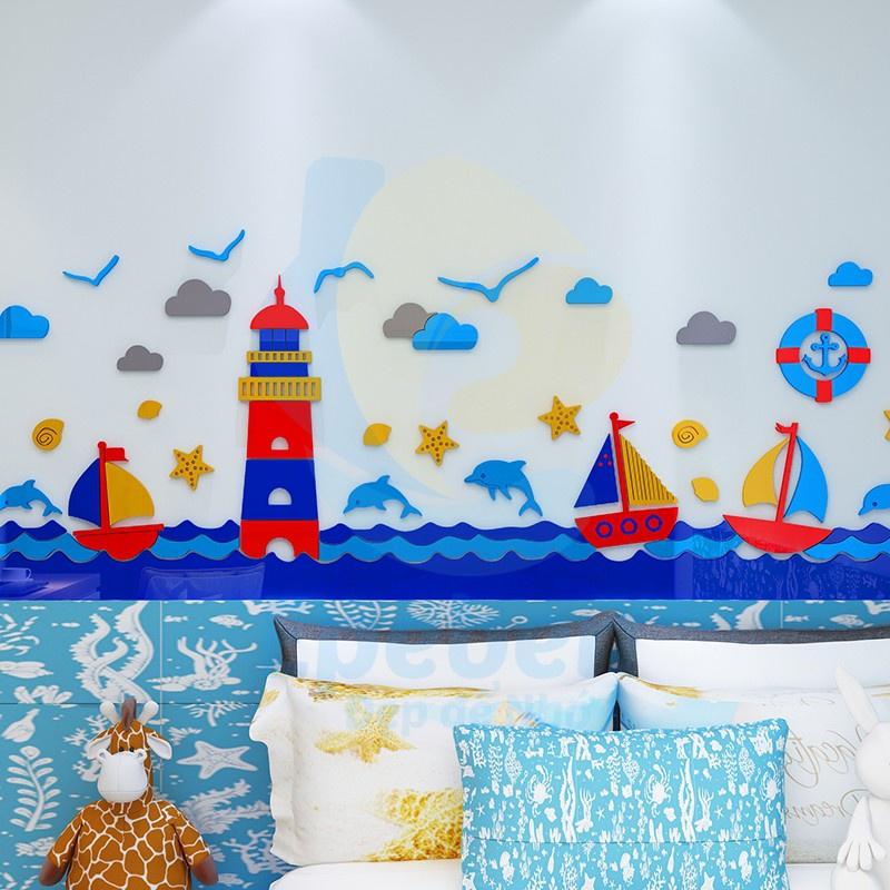 Tranh dán tường mica 3d decor khổ lớn đại dương ngọn hải đăng trang trí mầm non, mẫu giáo, phòng cho bé