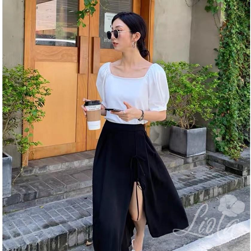 Liola áo cổ vuông tay phồng kiểu Pháp khoe xương quai xanh quyễn rũ, áo trắng tay ngắn trễ vai