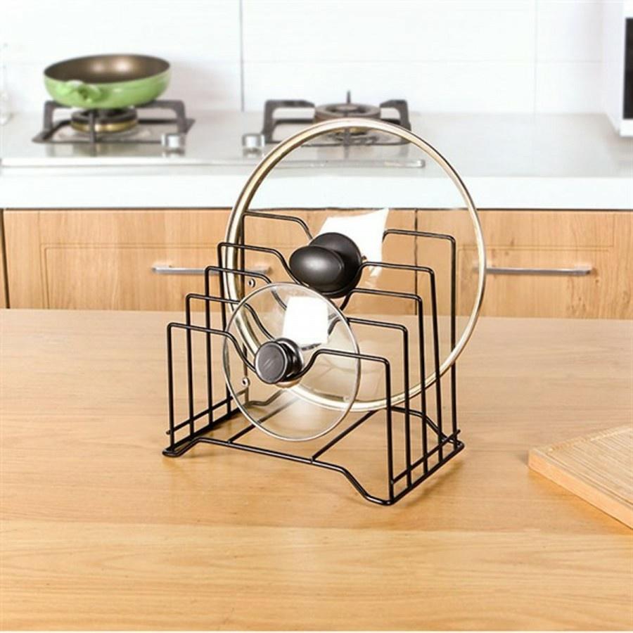 Giá cài vung xoong nồi. Kệ để dao thớt đa năng tiện dụng 4 ngăn sơn tĩnh điện màu đen