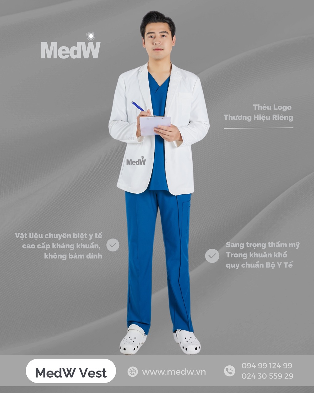 MedW Hermes Vest Lab Coat (Nam) Áo Blouses Vest Bác sĩ Thẩm Mỹ, Spa Trang Phục Y Tế Bộ Trang Phục Y Tế Bác Sĩ,  Thiết Kế Pháp Cách Tân Trang Trọng Thẩm Mỹ, Vật Liệu Y Tế Cotton Nhật Nhập Khẩu Chuyên Biệt Không Bám Dính, Xếp Ly Giữ Dáng 