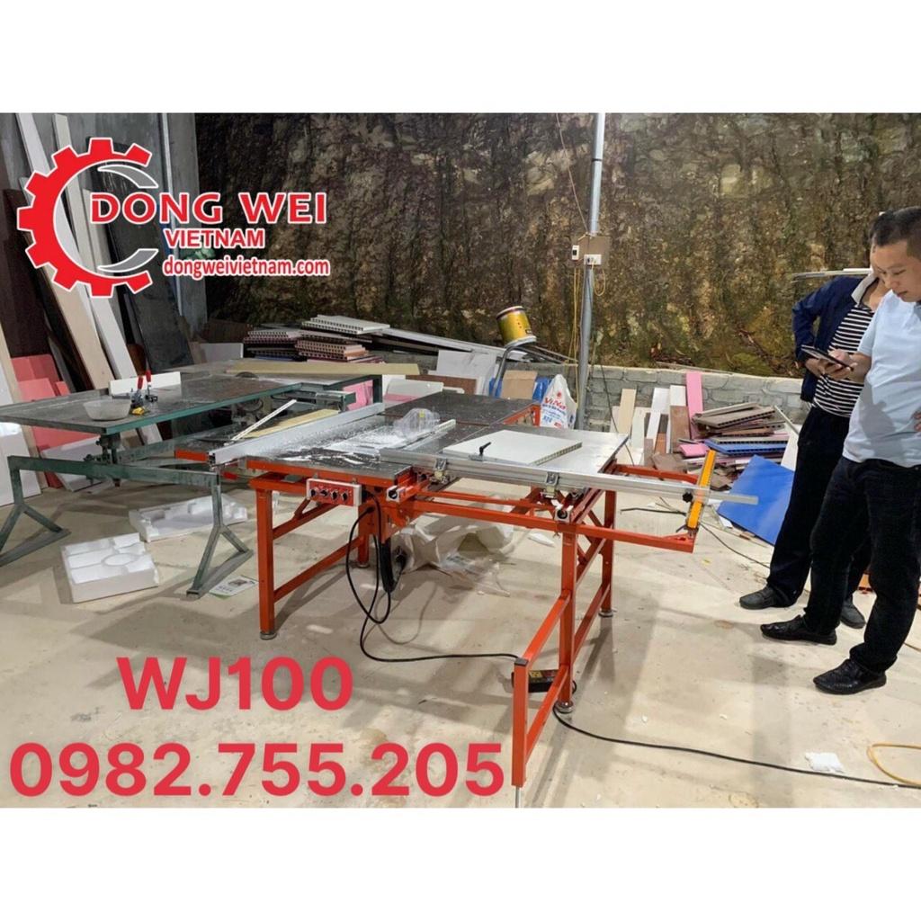 Máy cưa bàn trượt WJ100 (cưa 2 lưỡi, nâng hạ lưỡi điện, có mặt bàn máy soi, gắn kèm hút bụi) 0982.755.205