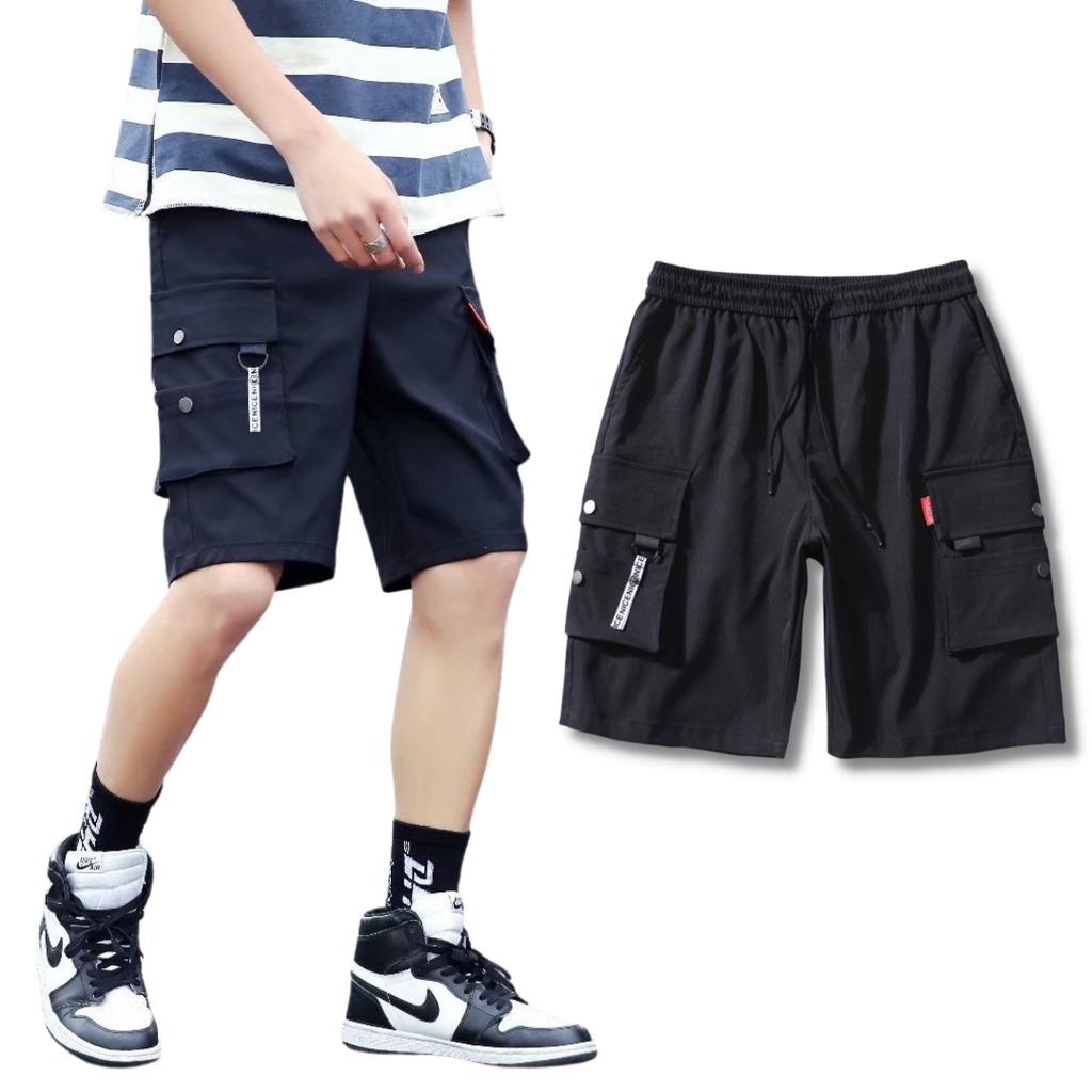 Quần Short Kaki Túi Hộp khóa dây nai nam - Sọt Lững Kiểu Dáng Thể Thao Unisex một Màu Đen 03x.