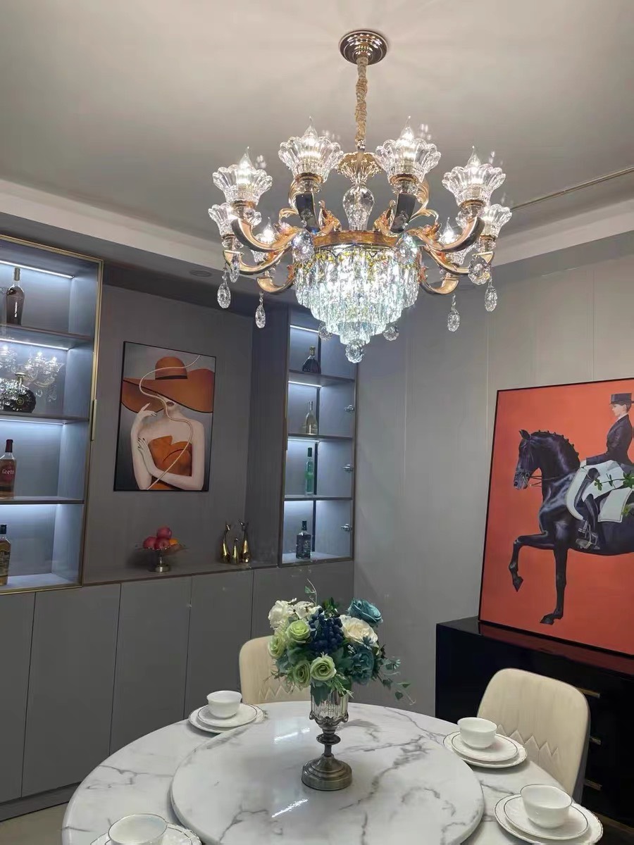 Đèn chùm trang trí, Đèn pha lê K9 CAO CẤP, Thân hợp kim mạ Vàng, TẶNG BÓNG LED ĐỔI MÀU, Ảnh công trình thực tế, Mã 5003