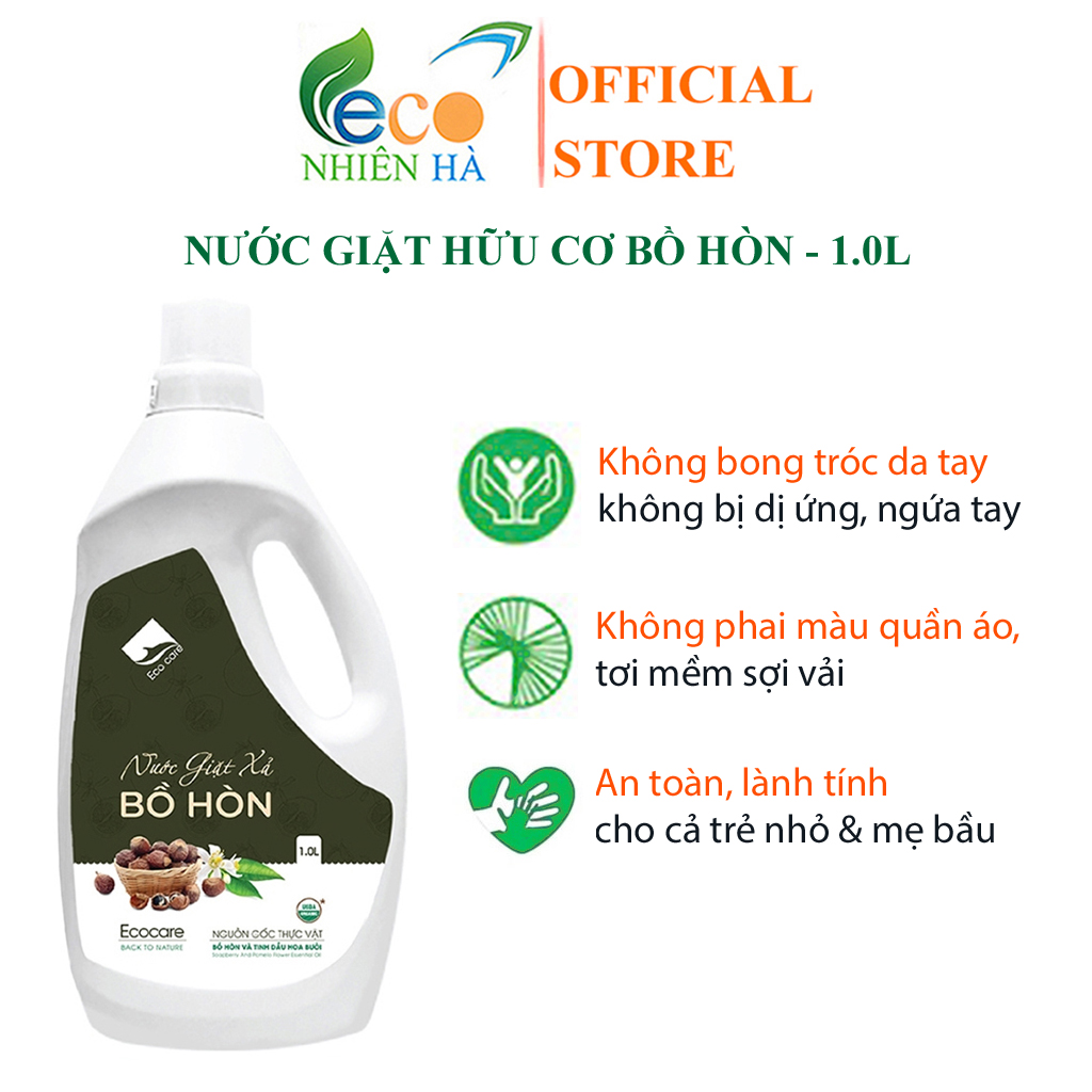 Nước giặt xả ECOCARE 1L tinh dầu bưởi, nước giặt hữu cơ an toàn cho bé, không hại da tay