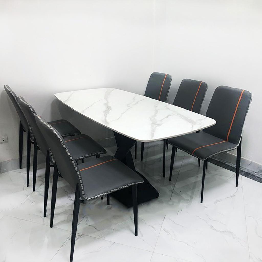 Bộ bàn ăn mặt đá ceramic 6 ghế nhập khẩu Funhouse, khung sắt sơn tĩnh điện, ghế da cao cấp - Bảo hành 2 năm