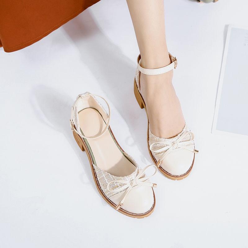 Heavy heel Baotou sandals female students Korean version 2021 summer new female online celebrity medium heel versatile shoes shallow shoes