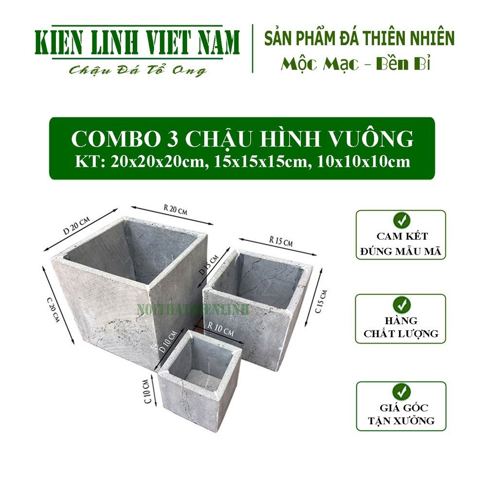 Combo 3 chậu trồng cây KT 20x20, 15x15, 10x10  ban công bằng đá ong xám tự nhiên bền đẹp