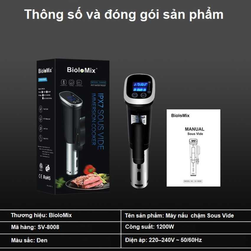 Máy nấu chậm Sous vide BioloMix SV-8008 Công suất 1200W Điều khiển màn hình LED - HÀNG NHẬP KHẨU