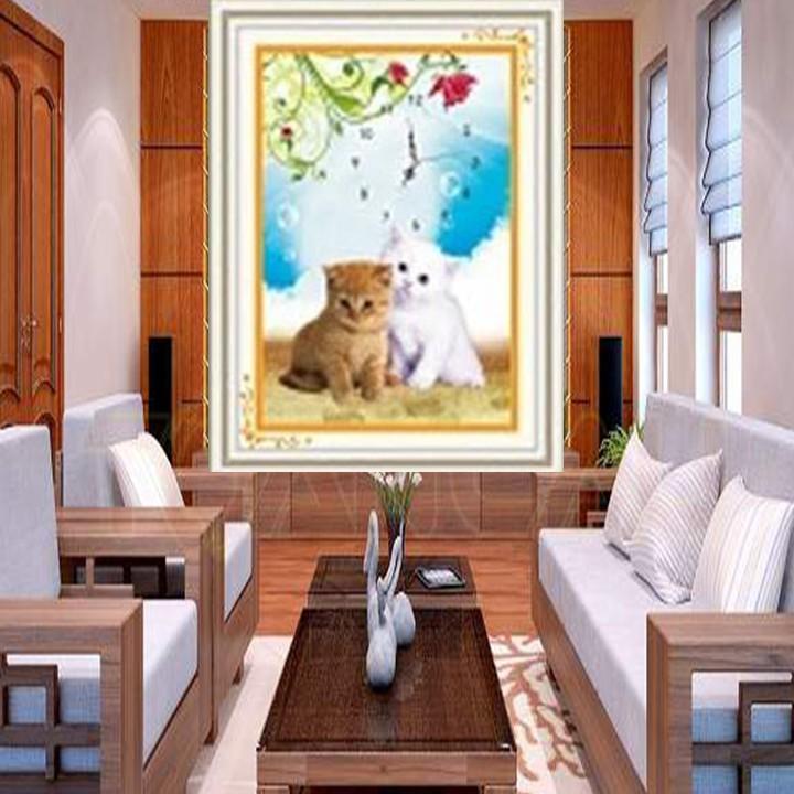 Tranh thêu hai chú mèo đồng hồ A992 - kích thước: 37 * 48cm.
