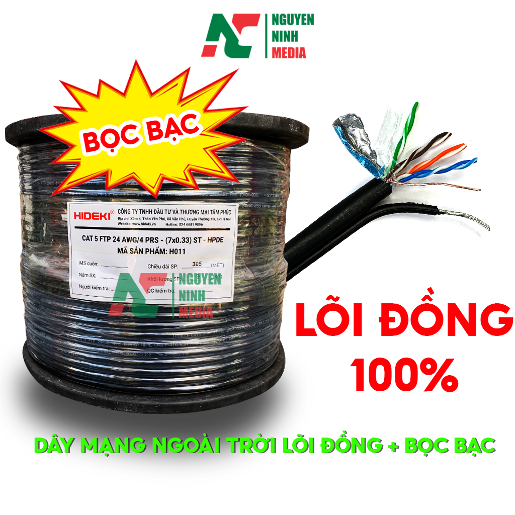 (Bọc Bạc) Dây Mạng Ngoài Trời HIDEKI CAT6 FTP 8 Lõi Đồng Nguyên Chất, Bọc Bạc Và Có Sợi Thép Chịu Lực, Vỏ HDPE Siêu Bền - Hàng Chính Hãng