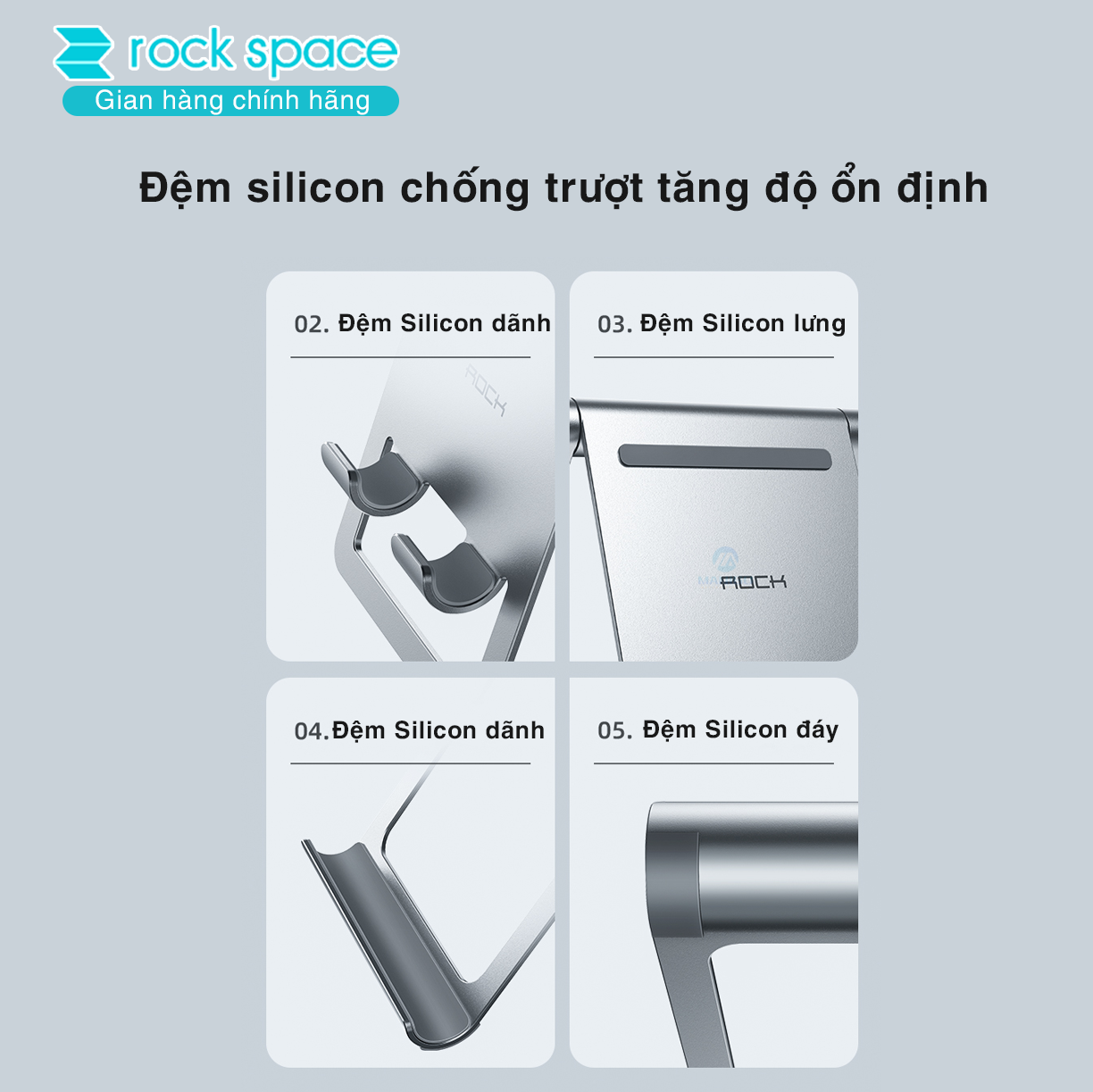 Giá đỡ điện thoại, máy tính bảng thông minh xoay 360 độ Rockspace Metal dùng được 2 mặt chống trượt làm bằng kim loại hàng chính hãng