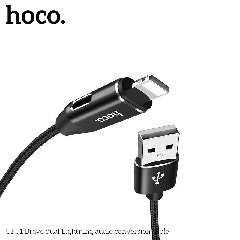 Cáp Sạc Nhanh Dây Dù Hoco UF01 2 in 1 Cho Iphone Kiêm Jack Cắm Tay Nghe Lighning - Vừa Nghe Nhạc Vừa Sạc Pin - Hàng Nhập Khẩu