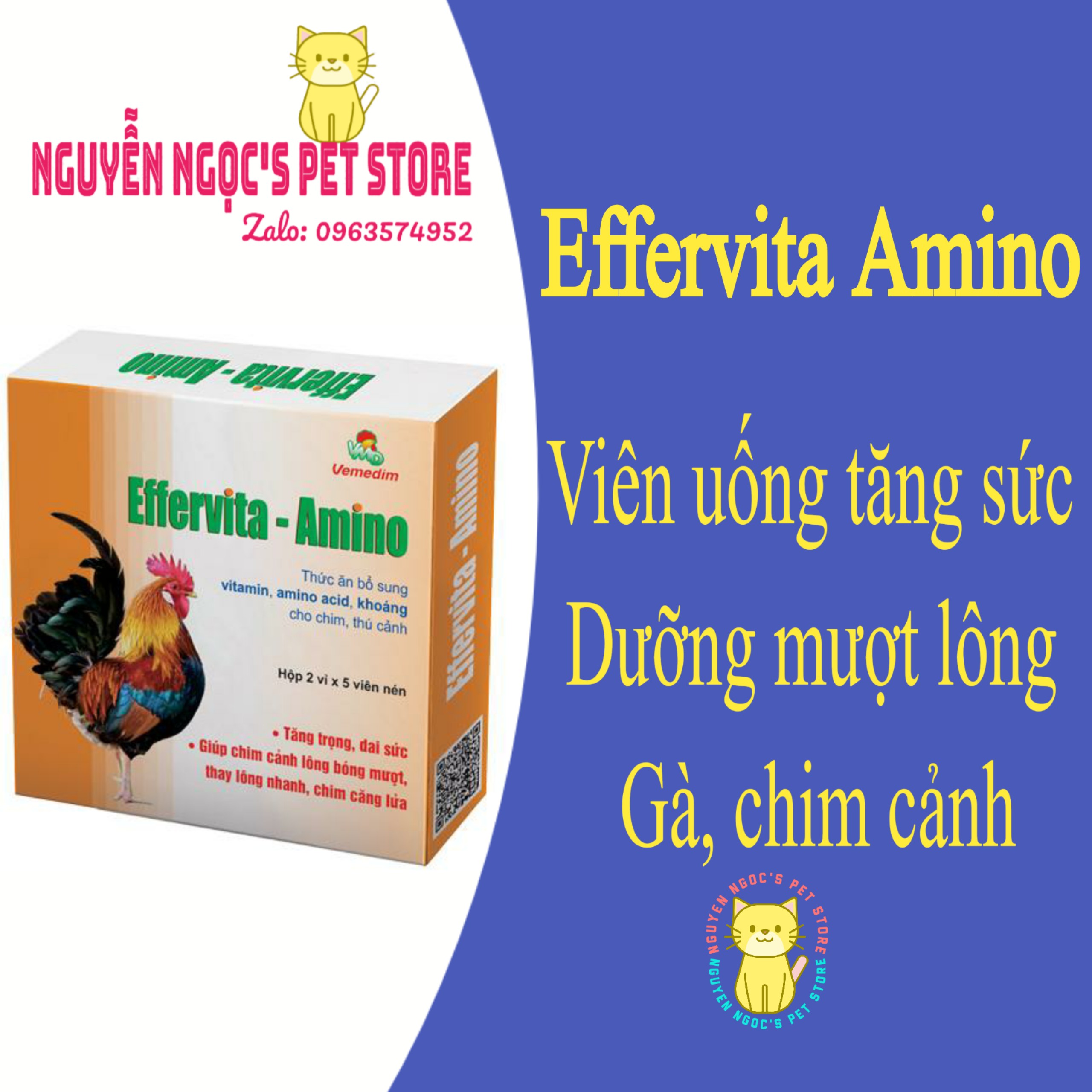 Effervita Amino Vemedim - 1 Hộp 10 viên thức ăn cung cấp Khoáng và Vitamin Chó Mèo Gà Đá