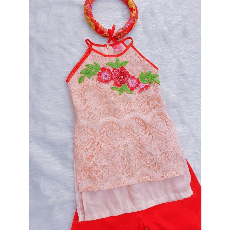 ️Áo Dài Bé Gái Size 10-14kg Hoa Ren Đỏ Kèm Quần Lụa, Tặng Mấn