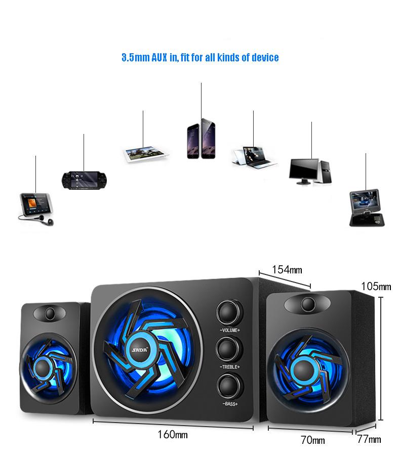 SADA D-219 Bluetooth \ TF \ usb Chức năng 2.1 Hệ thống loa máy tính với đèn LED đầy màu sắc và loa siêu trầm được cấp nguồn Color: White colorful LED