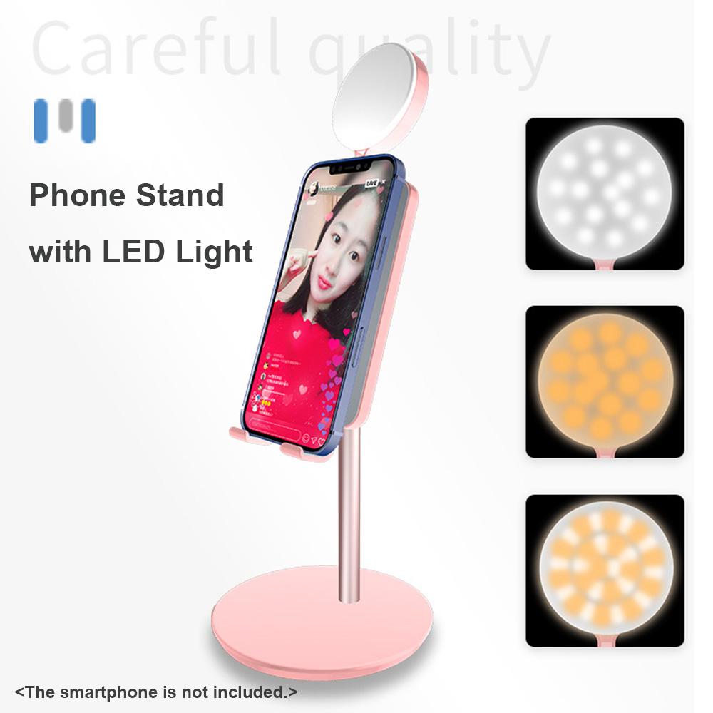 Giá đỡ điện thoại thông minh để bàn với đèn LED Beauty Light 3500K-6000K có thể điều chỉnh độ sáng để phát trực tiếp