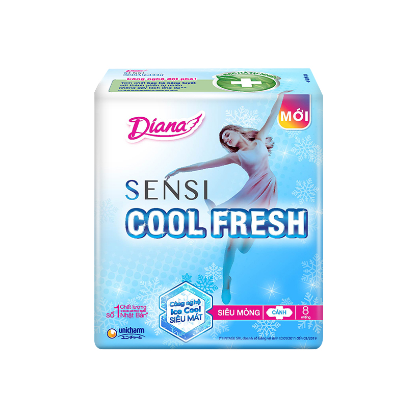 Bộ 7 băng vệ sinh Diana SENSI Cool Fresh Siêu Mỏng Cánh 08 miếng