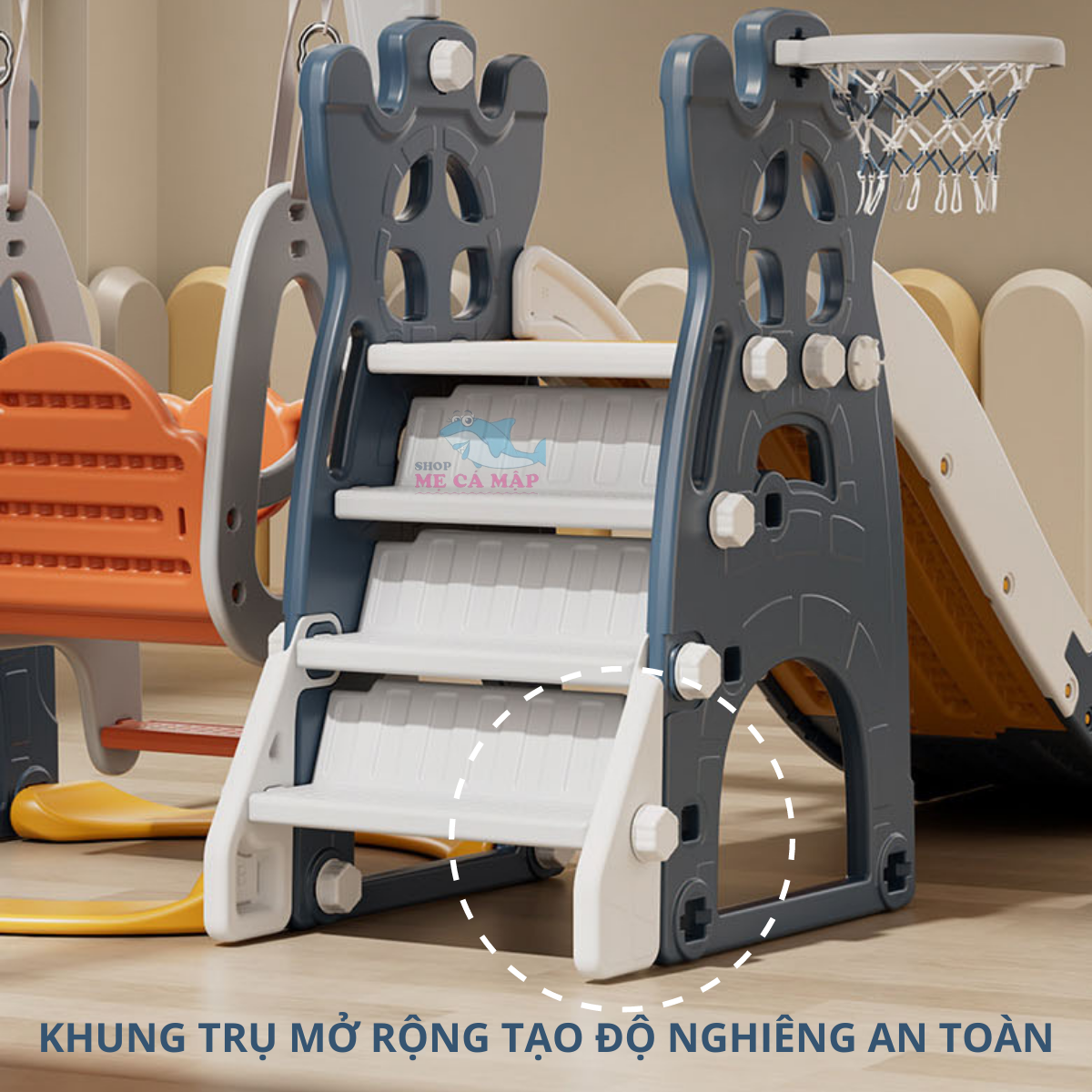 Combo cầu trượt xích đu Lâu đài CS1, TẶNG KÈM BỘ BÓNG RỔ , cầu trượt dài 1m90 thành cao, chịu tải 100kg