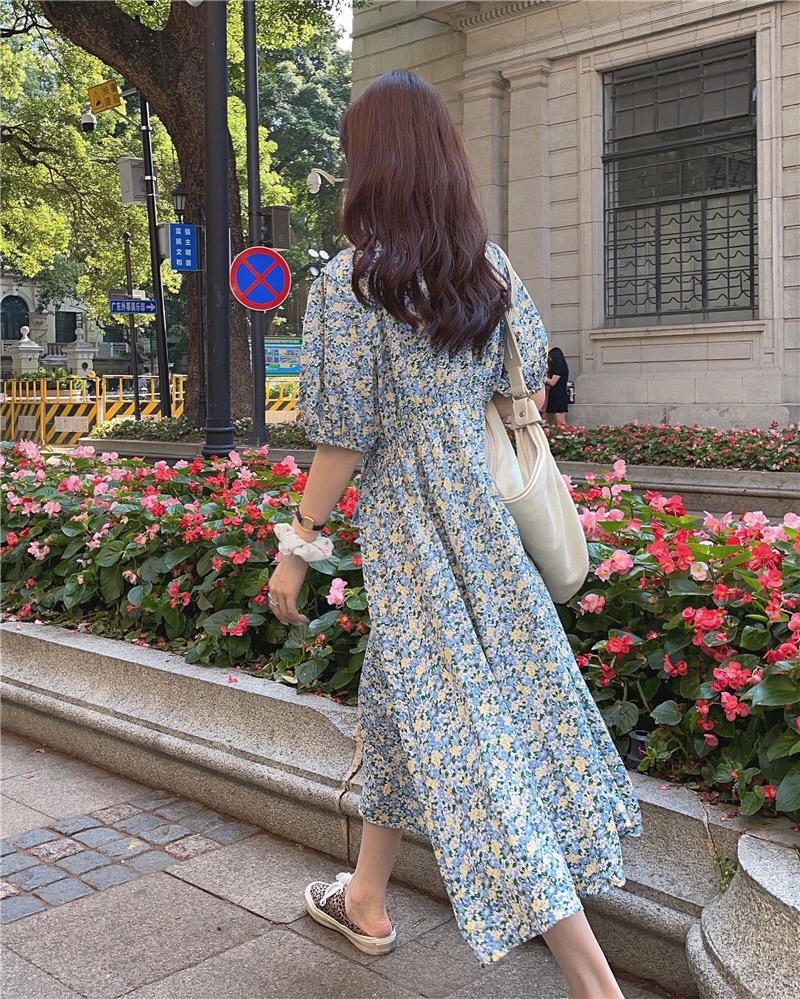 Đầm hoa nhí tay phồng bo eo co dãn