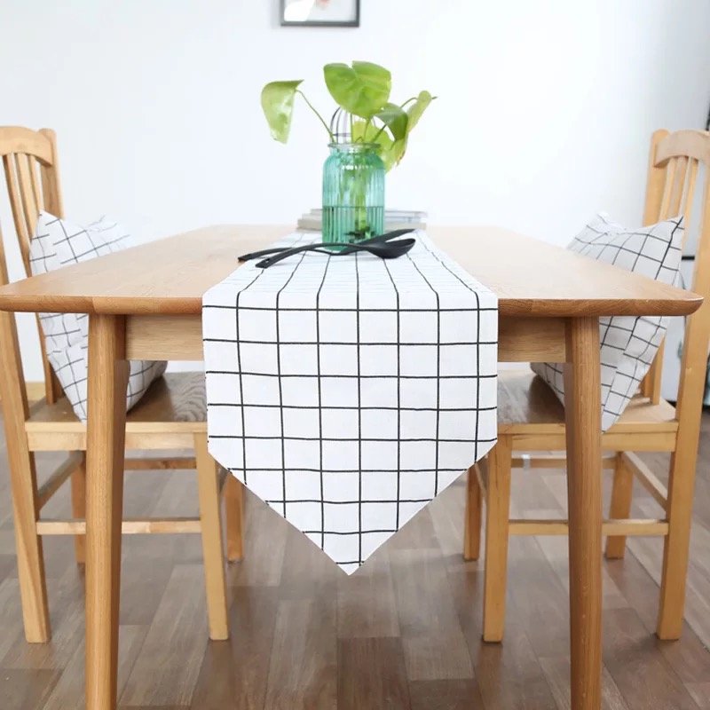 Khăn trải bàn table runner vải bố - Họa tiết Caro trắng - mẫu A04