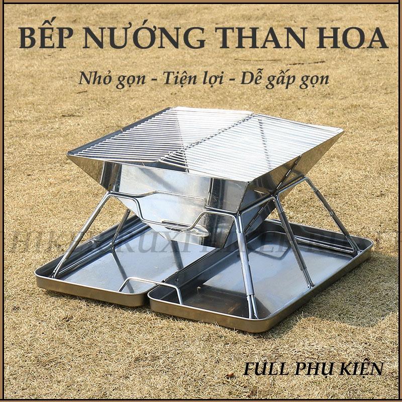 Bếp nướng Camping, bếp than nướng inox xếp gọn siêu dày dành cho cắm trại, dã ngoại cho 2-3 người 31x31cm