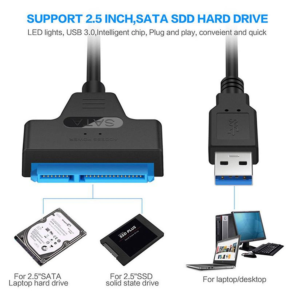 Cáp Chuyển Đổi Kết Nối Ổ Cứng HDD Từ USB 3.0 Sang Sata 22 Pin 2.5 Inch - Hàng Chính Hãng Vinetteam