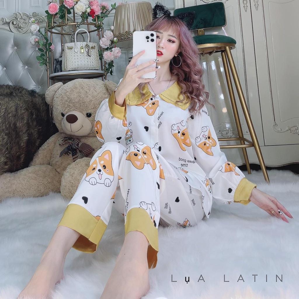 Đồ ngủ nữ, đồ bộ mặc nhà Pijama tiểu thư chất lụa latin tay dài quần dài dễ thương- Freesize dưới 62kg