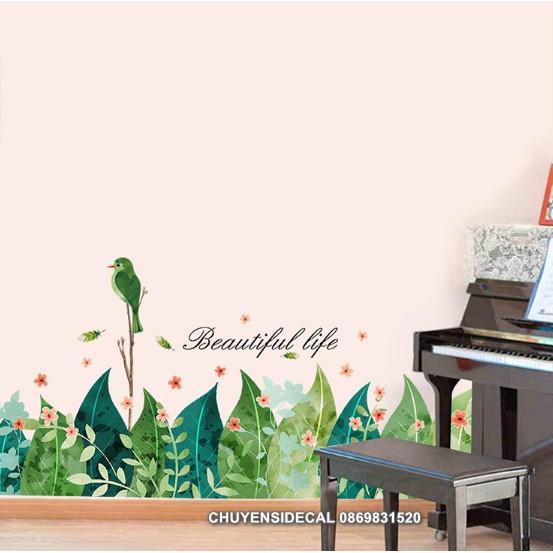 Decal trang trí tường - Chân tường cỏ lá hoa xanh tươi