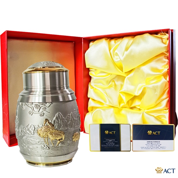 Hộp đựng trà Pewter tùng hạc diên niên