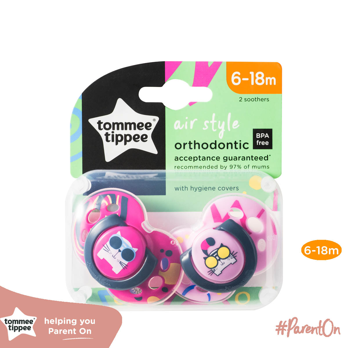 Ty ngậm thoáng khí cho bé Tommee Tippee Air 6-18 tháng (vỉ đôi) - Mèo hồng