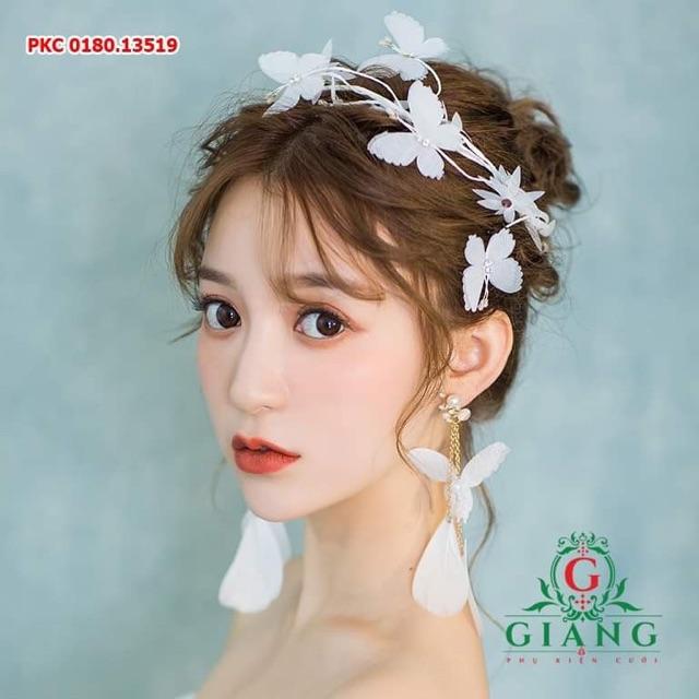 Cài tóc cô dâu kèm bông tai lụa trắng - phụ kiện cưới