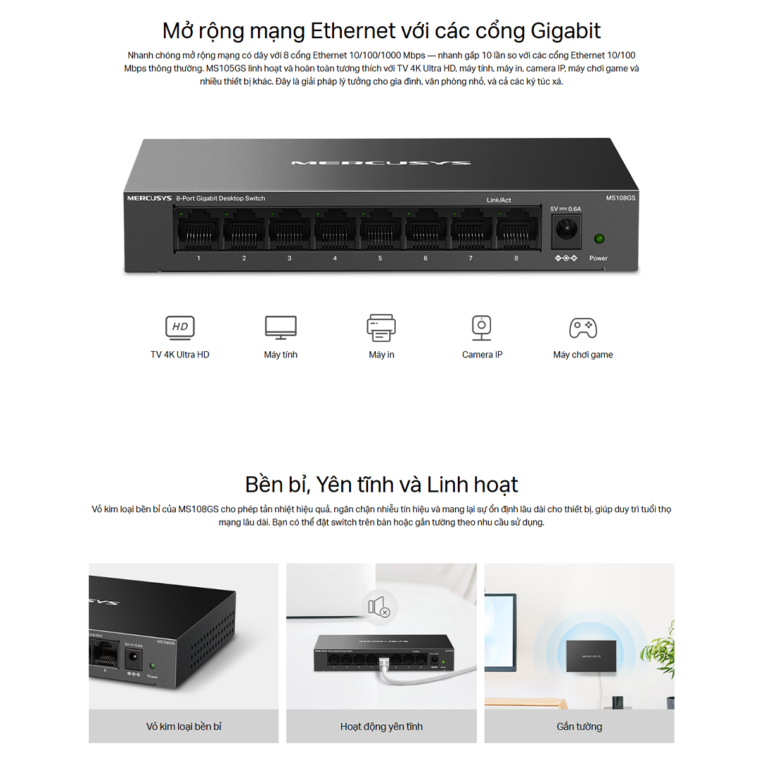 Bộ Chuyển Mạch Switch Mercusys MS108GS 8 Cổng Gigabit RJ45 10/100/1000 Mbps, Tiết Kiệm Năng Lượng - Hàng Chính Hãng