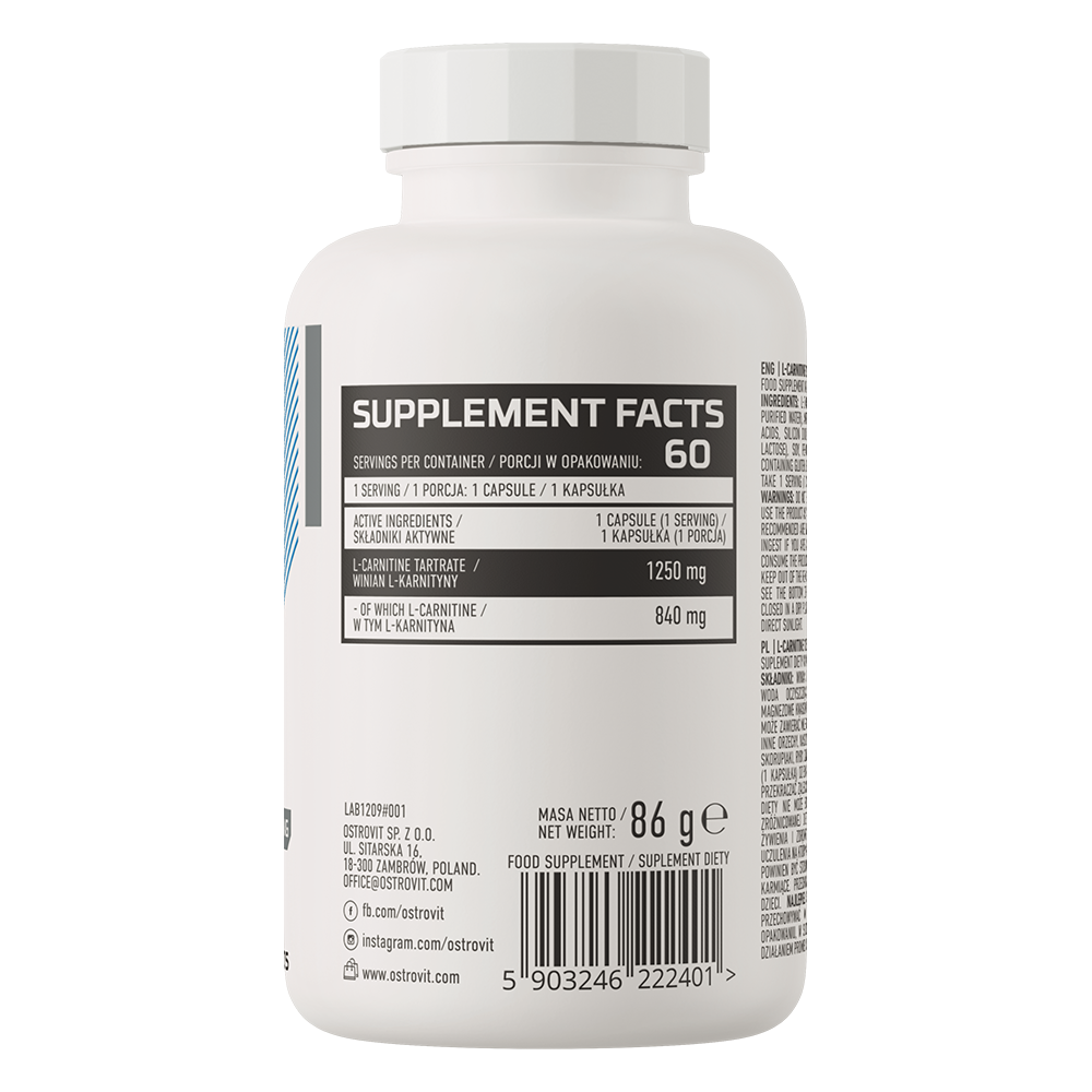 Viên Uống Ostrovit L-Carnitine 1250 (60 Viên) Bổ Sung L Carnitine Tartrate Cho Người Tập Thể Hình | CitySupp