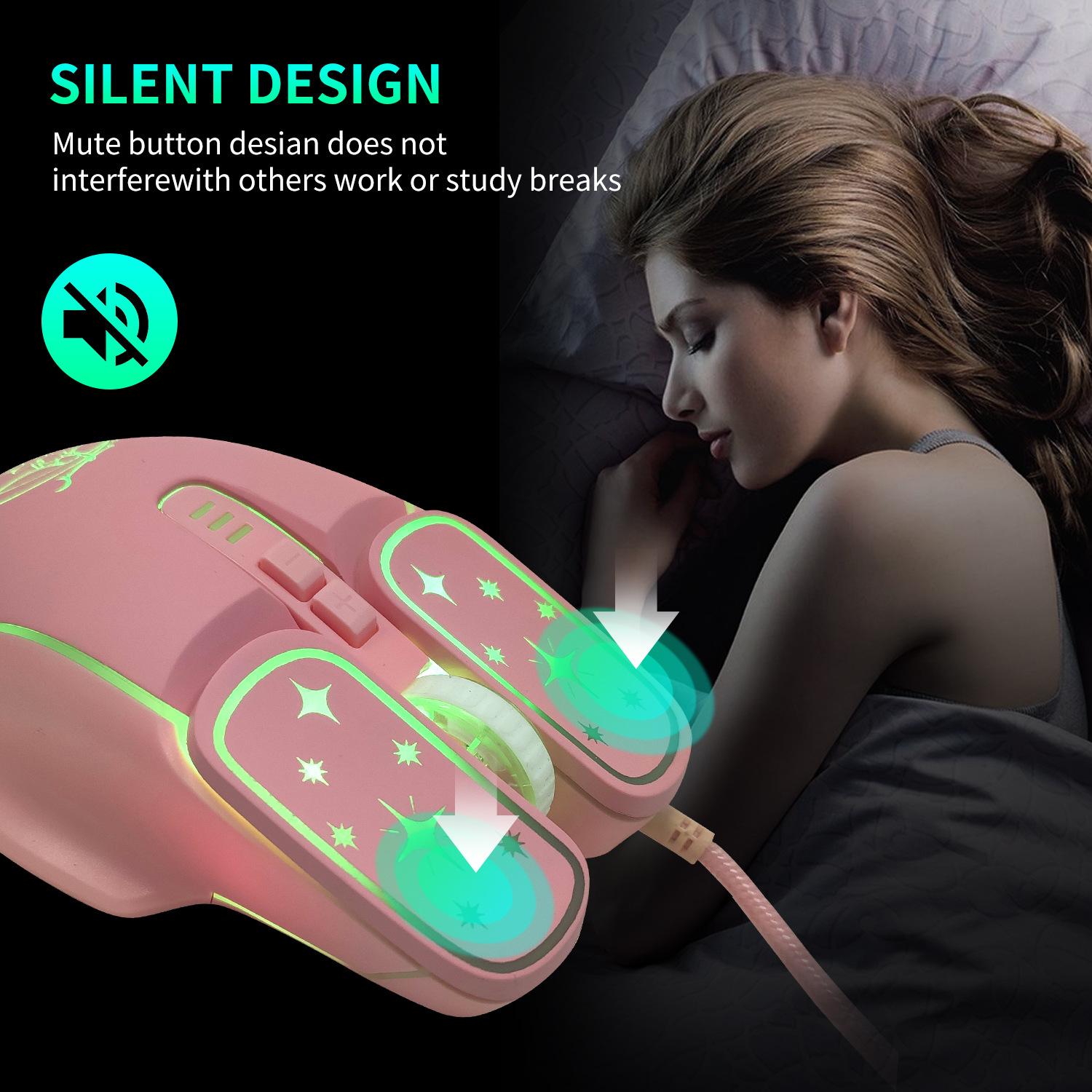 Hồng Chuột Chơi Game Ngôi Sao Mặt Trăng Đèn Nền RGB Bên Trong Thời Trang Đẹp 7200Dpi 4 Mức DPI Có Dây Cô Gái Xinh Đẹp Chuột