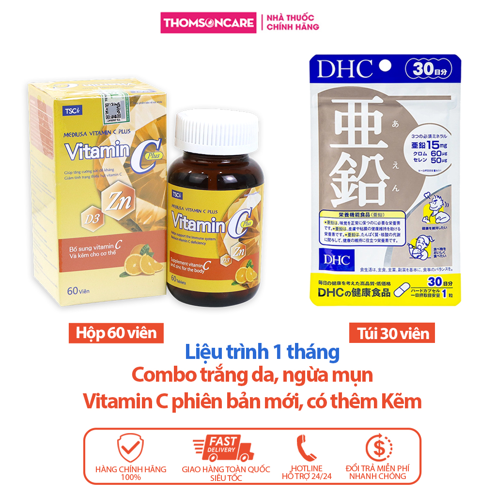 Combo giảm mụn thâm Vitamin C có kẽm  60 viên và DHC Kẽm 30 viên từ Nhật Bản giúp làm đẹp da làm da sáng mịn , mờ thâm và bổ sung Vitamin và Kẽm - Thomsoncare