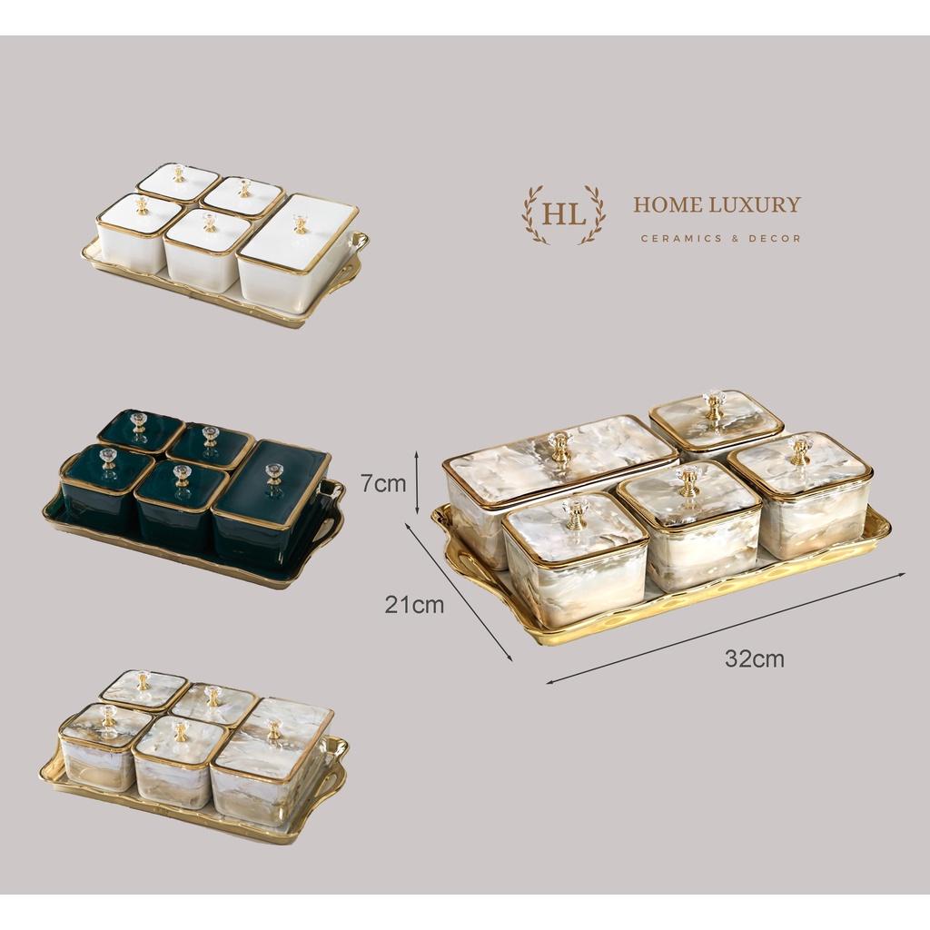 Bộ Mứt Sứ Chữ Nhật Decor Siêu Xinh | Khay đựng bánh kẹo mứt tết 5 ngăn sứ có nắp Cao Cấp Hàn Quốc