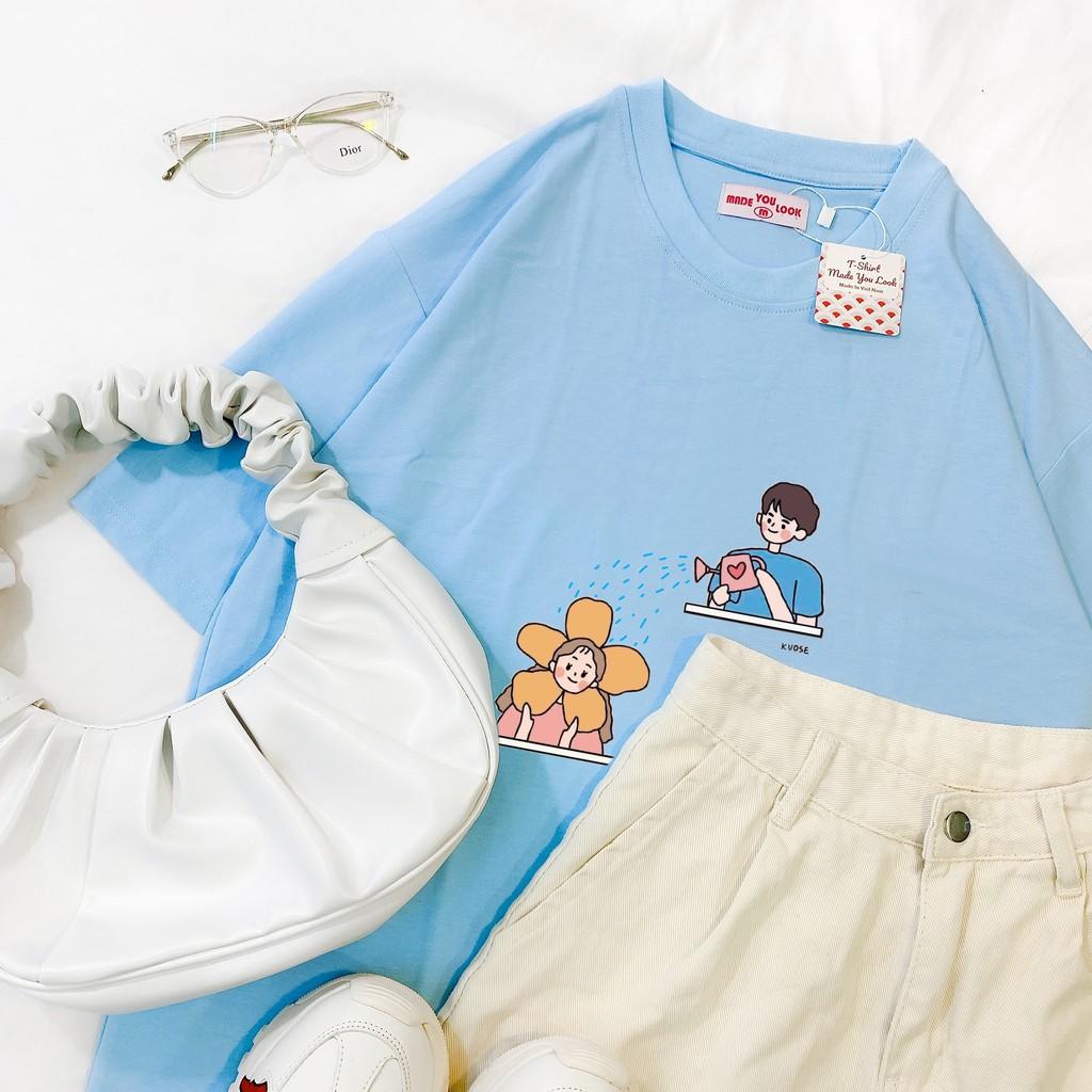 Áo Thun Tay Lỡ Unisex Couple Tưới Hoa Form Rộng