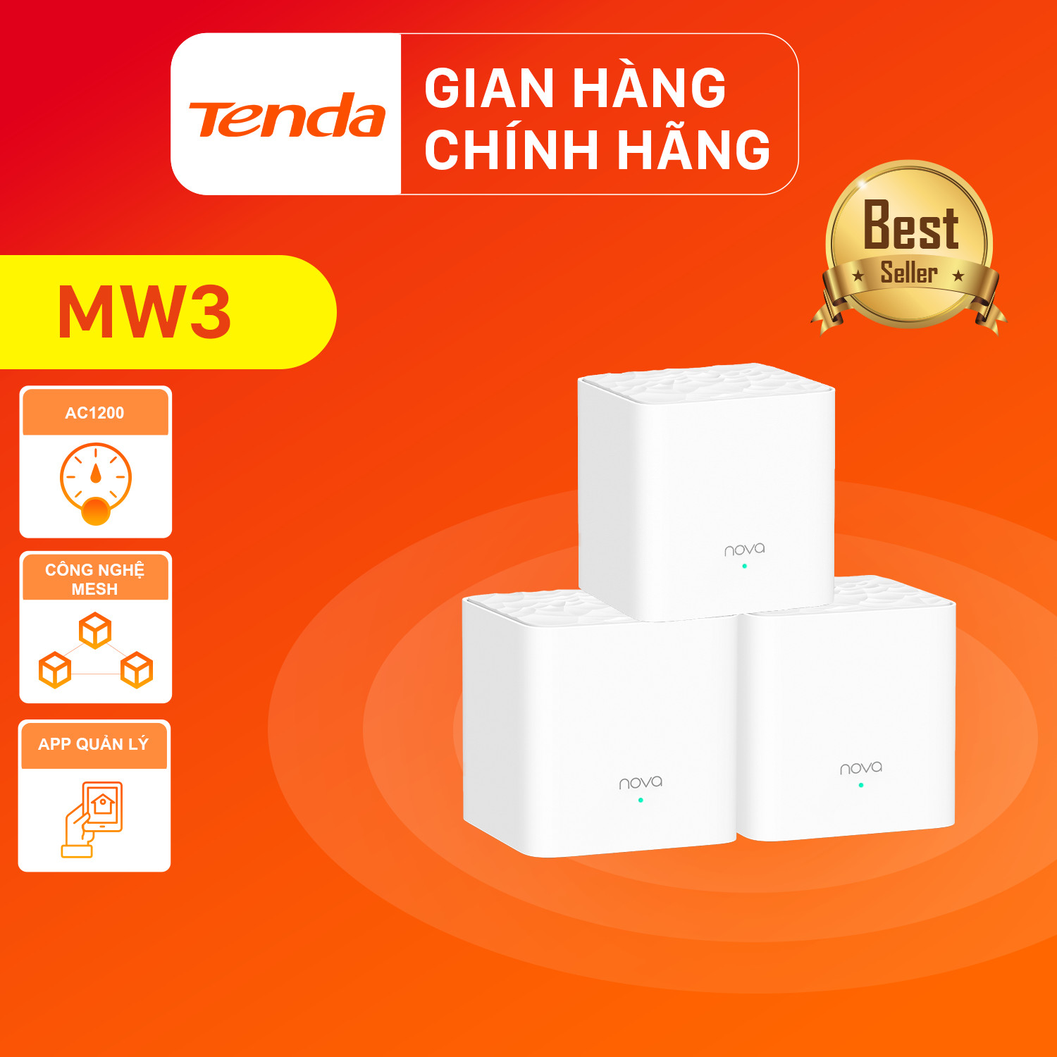 Hệ thống Wifi Nova Mesh cho gia đình Tenda MW3 Chuẩn AC 1200Mbps 3 pack - Hàng Chính Hãng