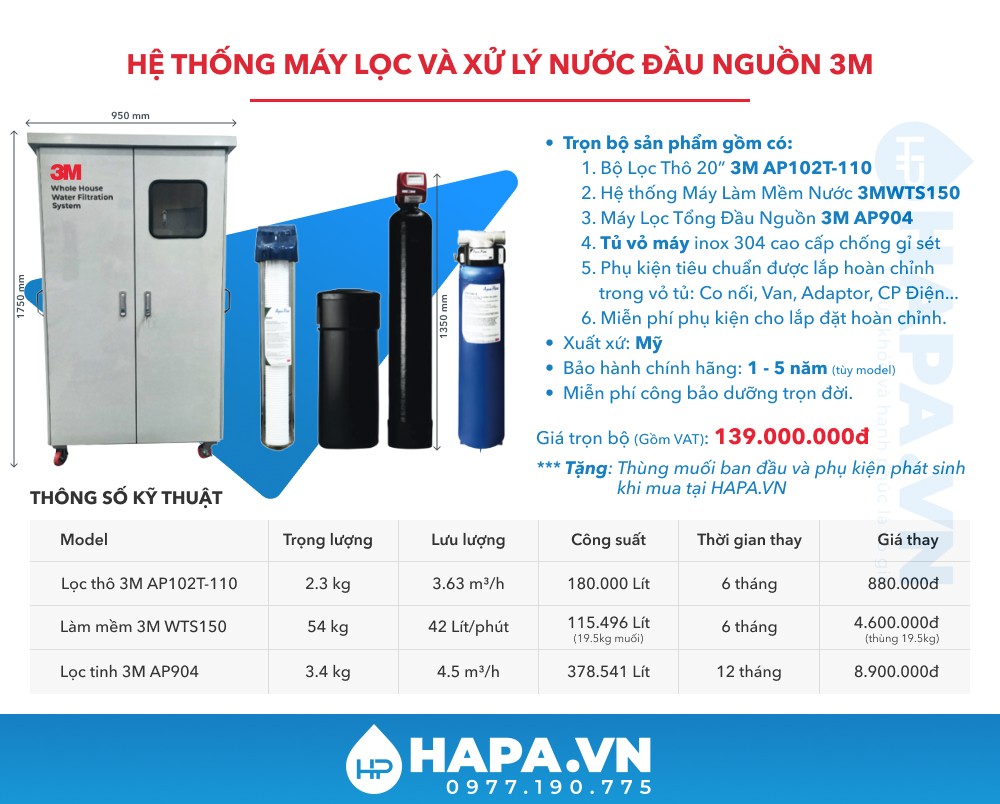 Hệ Thống Lọc Nước Tổng Cao Cấp 3M WTS150 (Combo 3MWTS150 AP904) Chuyên Dùng Cho Biệt Thự Villa Penthouse Nhập Khẩu Mỹ - Hàng Chính Hãng 3M