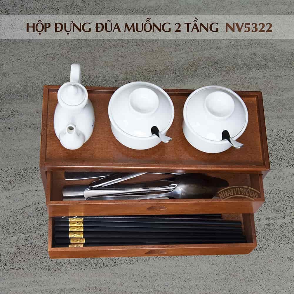 Hộp đựng đũa muỗng 2 tầng bằng gỗ cao cấp NV5322 dành cho nhà hàng, quán ăn hay văn phòng